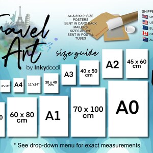 The image is an advertisement for Inkydool's travel art services, providing a size guide for various canvas sizes. It includes a silhouette of a person and a list of countries, such as the UK, USA, Europe, Canada, Australia, and New Zealand. The image also includes a list of poster sizes and a description of the services offered.