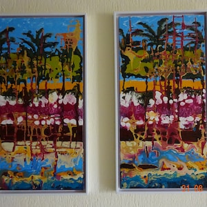 Holiday paradise with palm trees in pouring technique