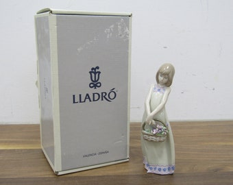 Vintage Lladro Floral Treasures Figurine (1988) 5605 in Original Box with Papers Pretty Girl with Flowers Porcelain Ornament 8" Tall Approx.