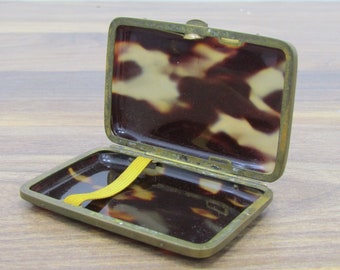 Vintage Tortoise Shell Bakelite Celluloid and Brass Pocket Cigarette / Matchstick Case c.1940s - Collectible Mid-Century Tobacciana