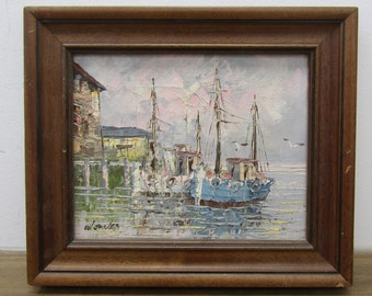 Vintage Original Hand-Painted Boat Harbour Artwork by W. Jones in Wooden Frame - Oil on Canvas - 33cm x 28cm