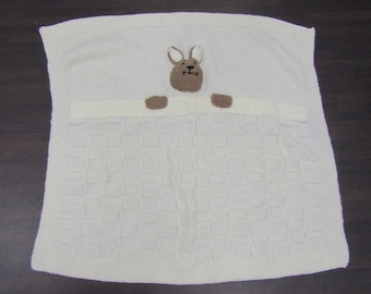 Hand Knitted Baby Cot Crib Blanket Cream Design with Kangaroo Joey Motif Unisex Handmade Baby Newborn Infant Gift