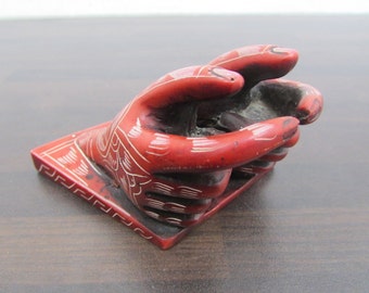 Vintage Business Card Holder Carved Soapstone Henna Hands from Nepal Office Desk Accessories Bohemian Decor Desktop Card Display Boho