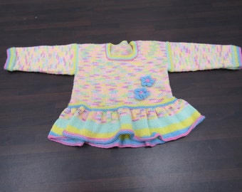 Hand-Knitted Pastel Rainbow Fairy Knit Girl's Frilly Jumper with Flower Motif Adorable Handmade Children's Clothing Size 3-5 Years Approx.