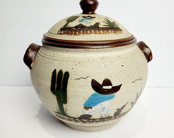 Mexican Sandstone Bean Pot With Lid Hand Painted Mexico Vintage 1994 9" Beige