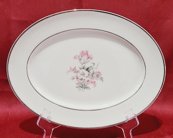 15" Oval Serving Platter Embassy USA Vitrified China Pink Gray Floral on White
