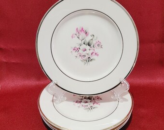 4 assiettes à pain et à beurre de 6 po. Embassy USA Chine vitrifiée Rose Gris Floral Blanc