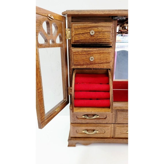 Vintage Wood Jewelry Box Chest Glass Door Mirror … - image 3