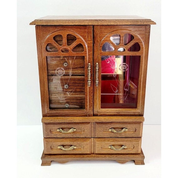 Vintage Wood Jewelry Box Chest Glass Door Mirror … - image 1