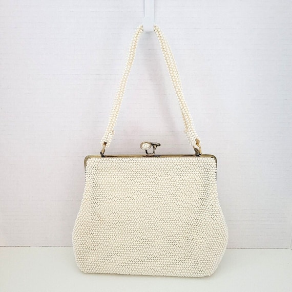 Vintage Lumured USA Bag Beaded Ivory Cream Kisslo… - image 1