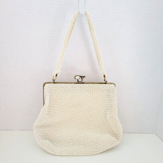 Vintage Lumured USA Bag Beaded Ivory Cream Kisslo… - image 5