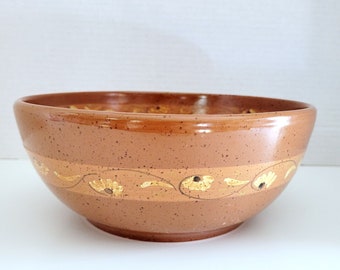 Terra Cotta Serving Bowl Hand Painted Floral Glazed Food Safe Stoneware 8"