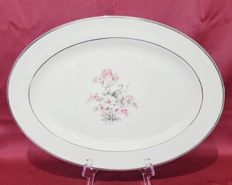 11,5" Servierplatte Embassy USA Vitrified China Pink Grey Floral auf Weiß