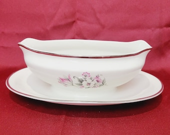 Vintage EMBASSY Vitrified China GRAVY BOAT Attached Plate Pink Gray White Floral