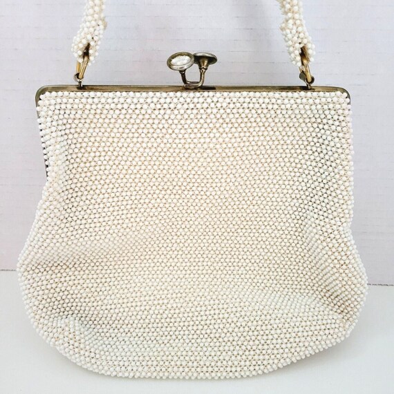 Vintage Lumured USA Bag Beaded Ivory Cream Kisslo… - image 6