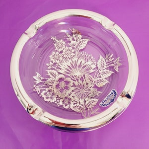Vintage Silver City Glass Co Sterling On Crystal Ashtray Floral Non Tarnish 6&quot;