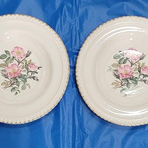 Pode incluir: Duas tigelas de sopa de cerâmica branca com acabamento dourado e um design floral com rosas cor-de-rosa.