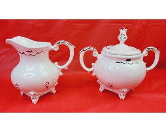 Vintage Ceramic Loma 3 Piece Set Sugar & Creamer w/lid 4 Footed G. Mier White