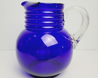 Vintage Cobalt Blue Globe Water Drinking Juice Pitcher West Virginia Glass 64oz