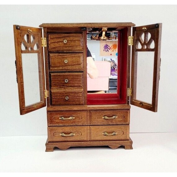 Vintage Wood Jewelry Box Chest Glass Door Mirror … - image 2