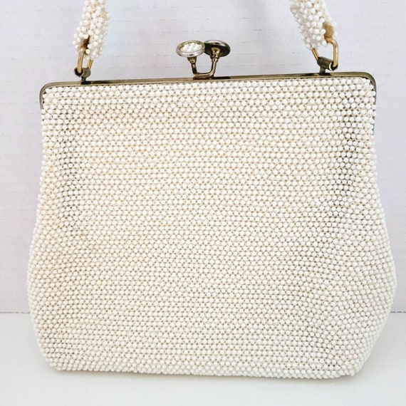 Vintage Lumured USA Bag Beaded Ivory Cream Kisslo… - image 2