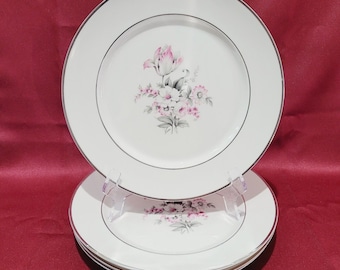 Ensemble de 4 assiettes plates 25 cm Embassy USA Chine vitrifiée, floral rose gris sur fond blanc