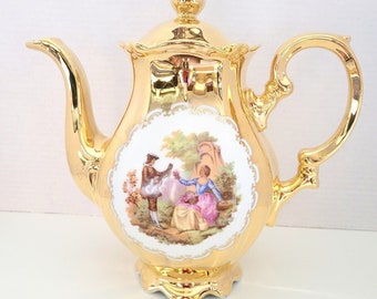 Vintage STW Bavaria Germany Fragonard 24Kt Gold Porcelain Tea Pot w/ Cover