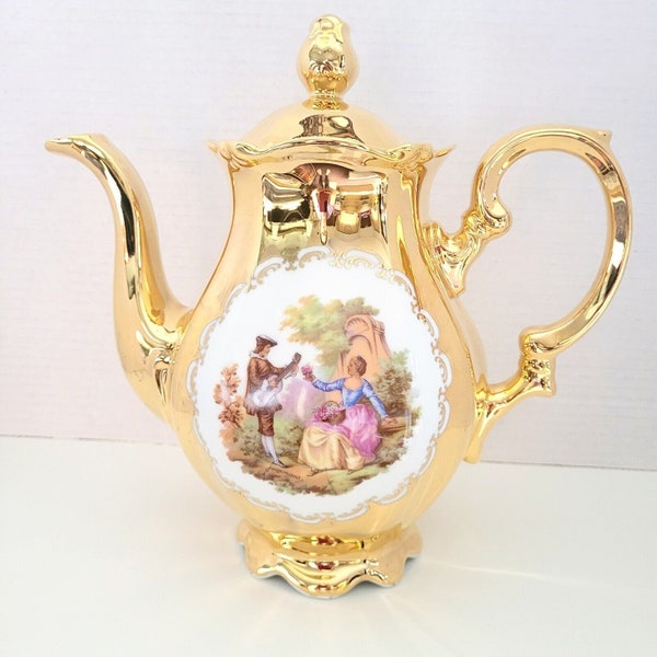 Vintage STW Bavaria Germany Fragonard 24Kt Gold Porcelain Tea Pot w/ Cover