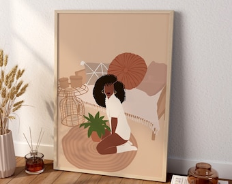 Boho Wall Art,African American Wall Art Black Girl Art Print Boho Home Decor Abstract Botanical,Black Woman Print,Bohemian Print,BOHO.