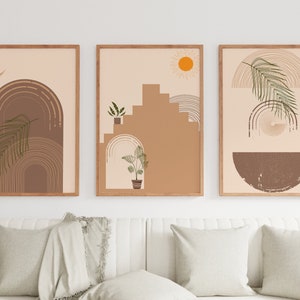 Boho Prints Set Of 3,boho art prints,Earth Tones Boho Wall Art Set,Boho Mid Century Abstract Shapes Art,geometric Boho decor,ABSTRACT LEAF.