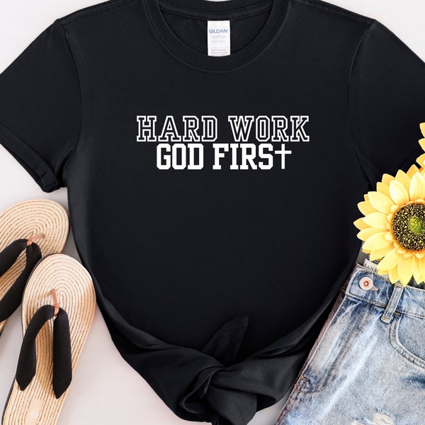 Unisex Softstyle Hard work God first, Faith gift for him, Christian apparel, Faith gift women, Christian attire, Graphic Christian tee