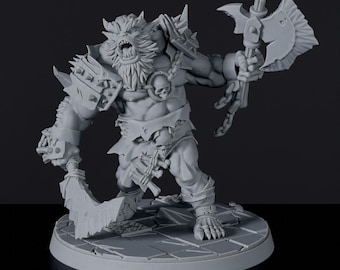 May include: A gray, detailed miniature figurine of a snarling, muscular, beast-like creature with a beard, holding two axes. The creature is wearing a chainmail shirt, a loincloth, and a skull necklace. The figurine is standing on a round base.