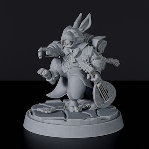May include: A grey, 3D printed figurine of a rabbit wearing a suit and holding a lute. The rabbit has a bow tie and a backpack. The figurine is standing on a circular base.