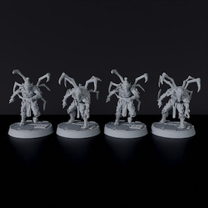 May include: Four gray, detailed miniature figures of humanoid creatures with spider-like limbs and insect-like heads. Each figure is posed in a dynamic stance and stands on a circular base.