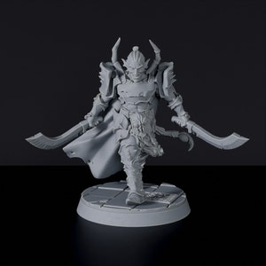 May include: A gray miniature figurine of a fantasy warrior, wielding two curved swords. The figure is clad in detailed armor, a cape, and a horned helmet. The warrior stands on a circular base with a textured surface, set against a dark background.