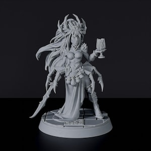 May include: A gray, detailed miniature figurine of a female figure with spider-like features, wearing a flowing robe and holding a chalice. The figure has a crown of spider legs and multiple arms with claws.