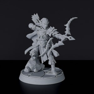 May include: A gray plastic miniature figurine of an elf archer with a bow and arrow. The elf is wearing a cloak and armor. The figurine is standing on a gray plastic base.