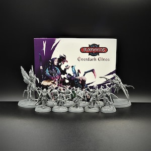 May include: A set of 14 unpainted miniature figures of dark elves, with a box featuring the Bloodfields logo and the text "Everdark Elves".