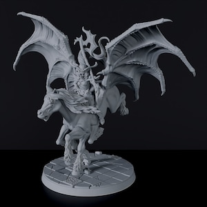 May include: A gray, detailed miniature figurine of a female warrior riding a winged horse. The warrior is holding a sword and shield, and the horse has large, feathered wings.