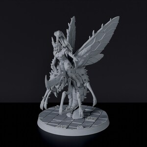 May include: A gray, detailed miniature figurine of a female figure riding a winged insect creature. The figure is wearing armor and holding a weapon. The insect creature has a long, segmented body and large wings.