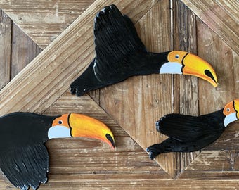 Set of 3 Handmade Ceramic Flying Toucan Wall Decor, Tropical Bird Art Hanging