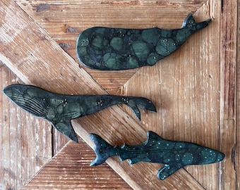 Ceramic Whales and Sharks Wall Art / Unique 3 Piece Set