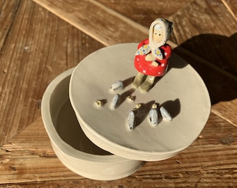 Handmade Rustic Ceramic Pot with Old Lady Feeding Pigeons
