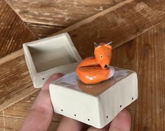 Little Fox Ring Box - Ceramic Trinket Container Jewellery Box