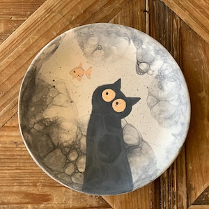 Svart katt prydnadshållare, handgjord keramisk ringfat, kattsmyckestallrik, liten keramikgåva