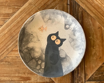Black Cat Trinket Holder, Handmade Ceramic Ring Dish, Cat Jewellery Plate, Small Pottery Gift