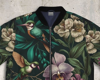 Bomber Jacke Kolibri, Herren und Damen Bomberjacke, Kolibri Blouson, Jacke im botanischen Stil