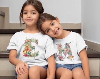 T-shirt personnalisé pour enfants avec nom, alphabet botanique, maternelle, rentrée scolaire et cadeau d'anniversaire