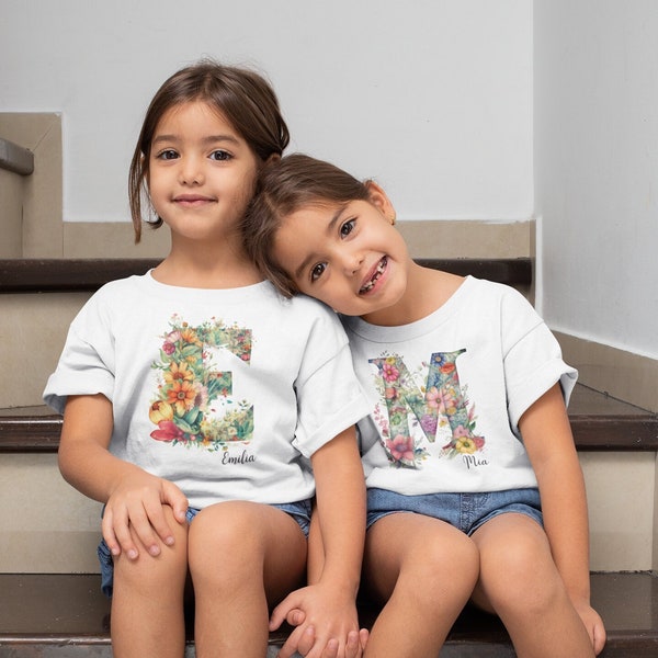 Personalisiertes Kinder T-Shirt, Kinder Shirt mit Initial und Namen, Schulanfang Geschenk Wunschname, Mädchen Shirt Name, Kindergarten