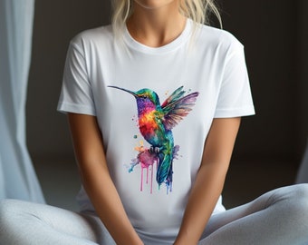 T-Shirt Kolibri, Aquarell Vogel T-Shirt aus Biobaumwolle